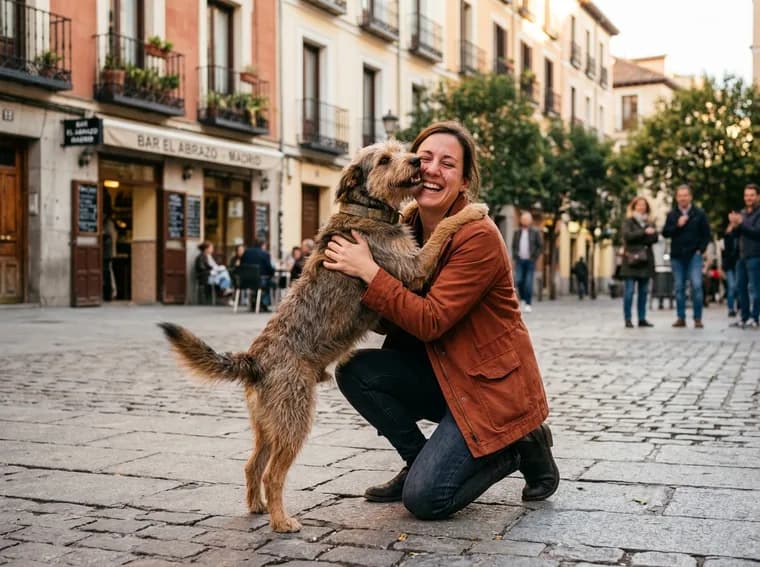 Una dueña abraza a su perro encontrado en una calle de Madrid