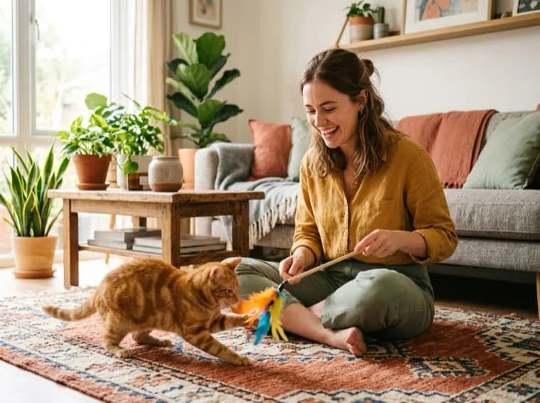 Un gato jugando con un cuidador en casa