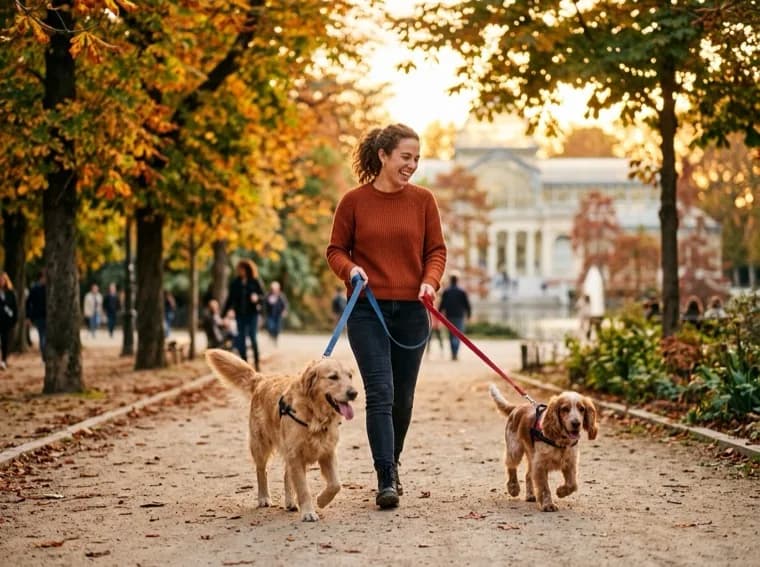 Un cuidador paseando dos perros por el parque