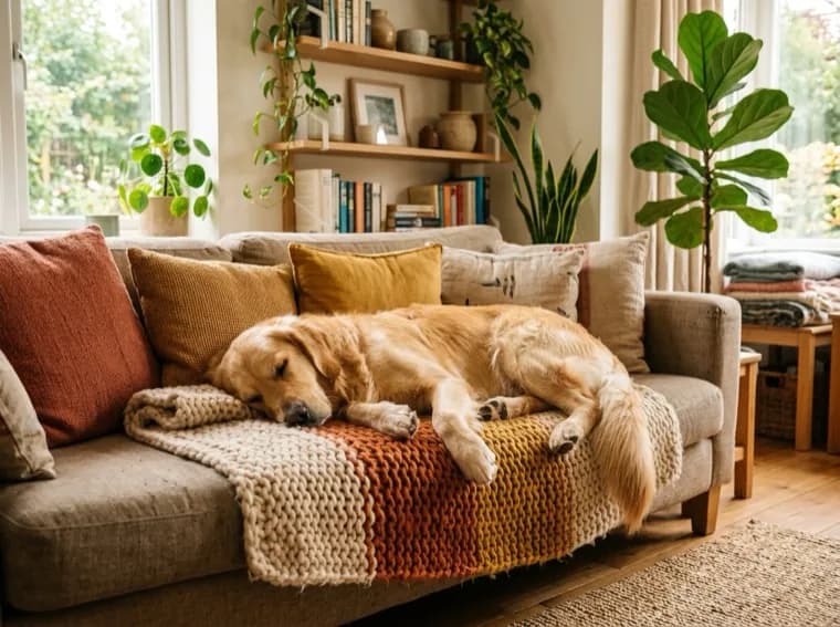 Un perro dormido sobre una manta en un salón luminoso